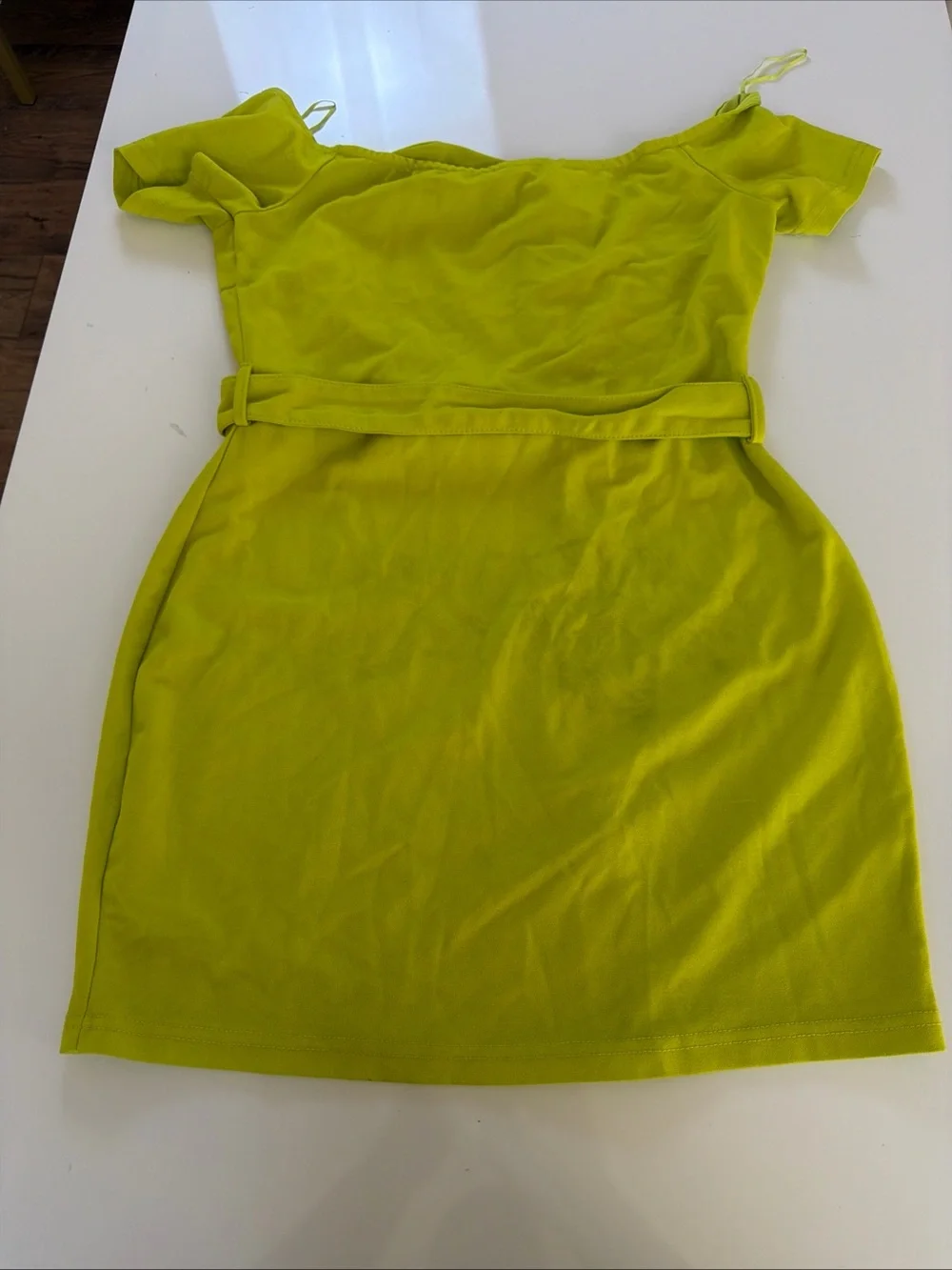Boohoo Lime Neon Green Moto Asymmetric Zip Off The Shoulder Belted Mini Dress 14
